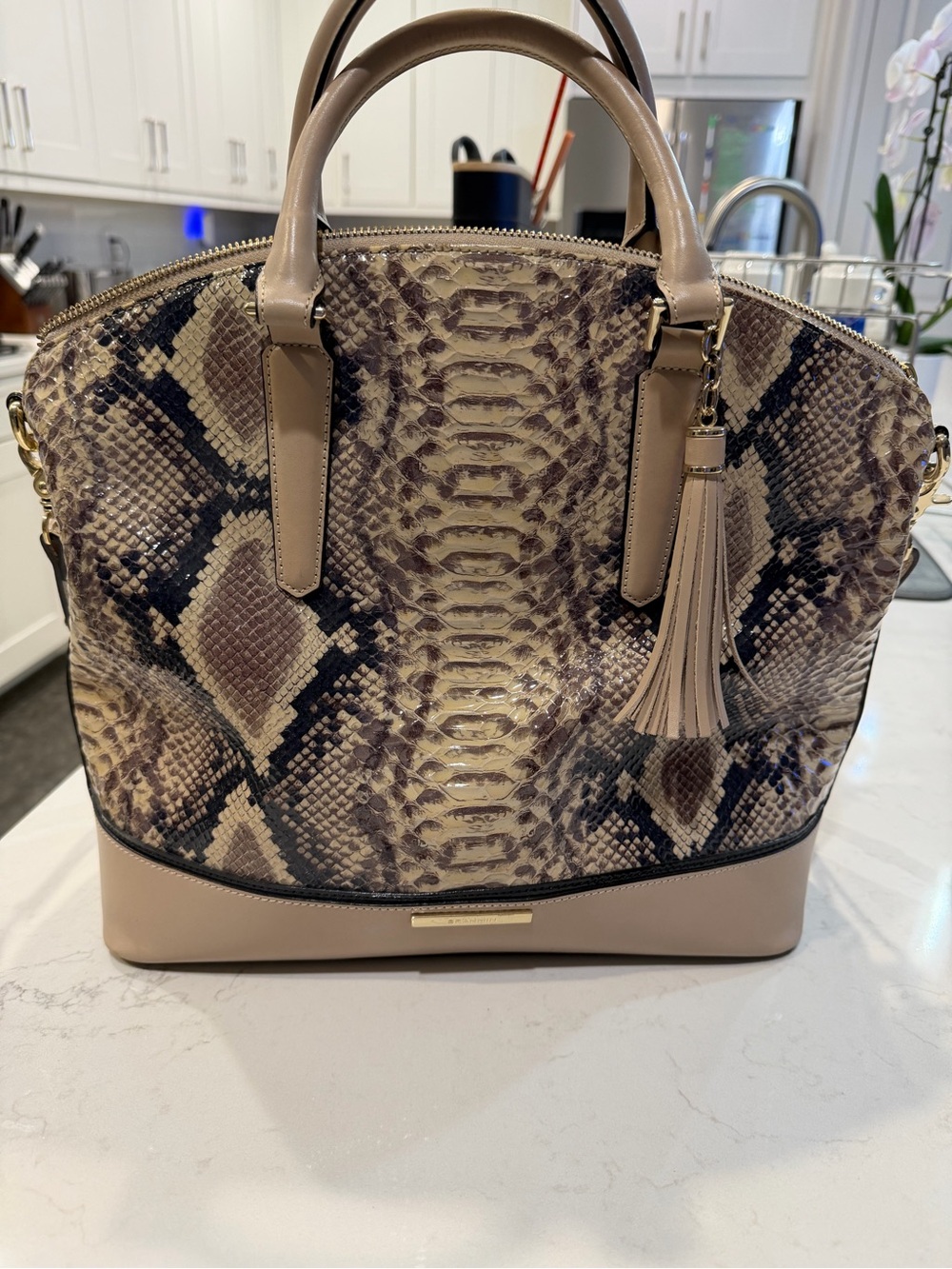 Beige Snake-Print Dome Satchel with Tassel with wallet